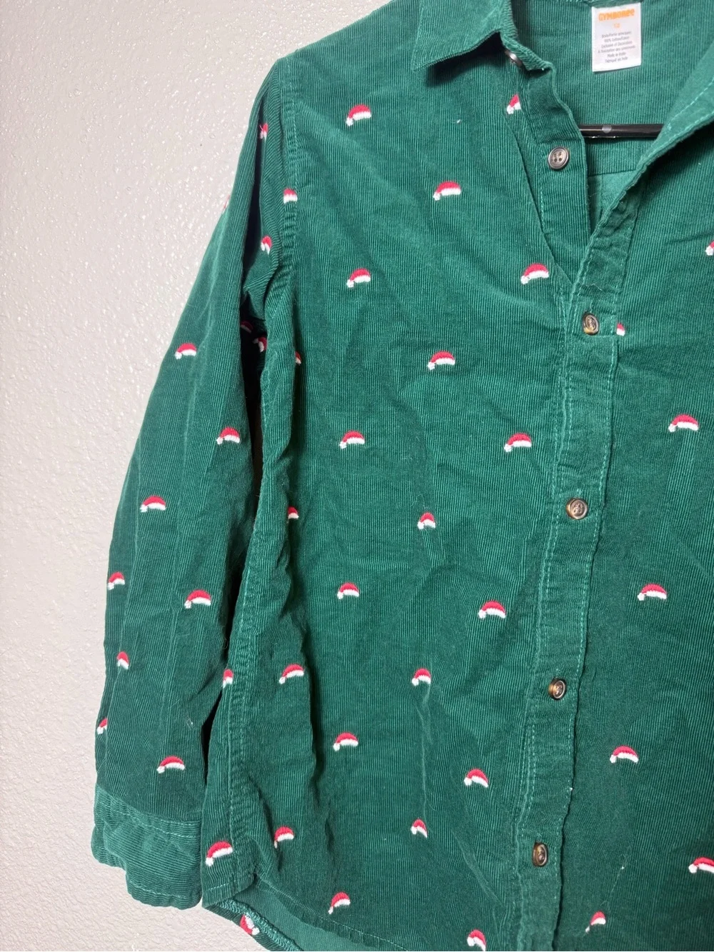 Gymboree Boys Size 12 Green Corduroy Santa Hat Christmas Holiday Button Up Shirt